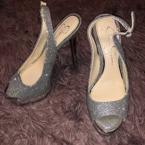 sparkly silver stiletto heels